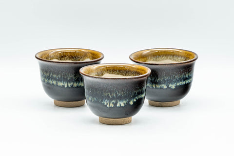 Japanese Teacups - Set of 5 Drip-Glazed Yunomi - 80ml - the set of five drip-glazed teacups grouped together