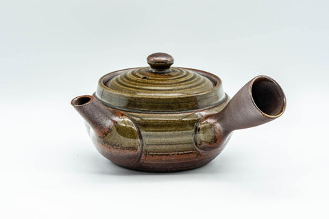 Tezumi — Japanese Kyusu - 萬古焼 Green Ash Glazed Banko-yaki Teapot - 250ml — three-quarter view from the opposite side
