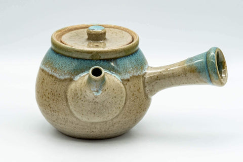 Tezumi — Japanese Kyusu - 上野焼 Turquoise Drip Glazed Agano-yaki Teapot - 325ml — three-quarter view
