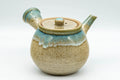 Tezumi — Japanese Kyusu - 上野焼 Turquoise Drip Glazed Agano-yaki Teapot - 325ml — three-quarter view from the opposite side