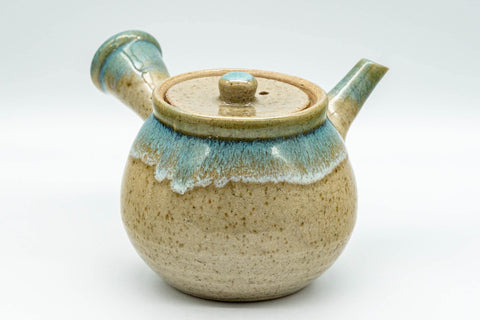 Tezumi — Japanese Kyusu - 上野焼 Turquoise Drip Glazed Agano-yaki Teapot - 325ml — three-quarter view from the opposite side