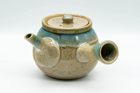 Tezumi — Japanese Kyusu - 上野焼 Turquoise Drip Glazed Agano-yaki Teapot - 325ml — side view showing the spout