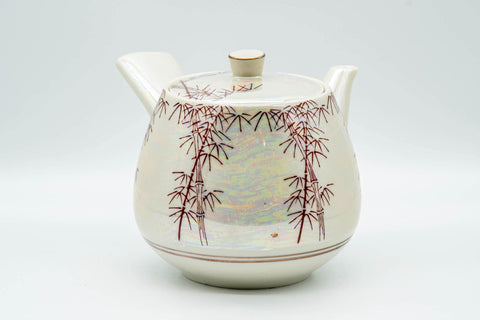 Japanese Tea Set - Red Bamboo White Holographic Glossy Glazed Debeso Kyusu Teapot with 2 Yunomi Teacups- 600ml - Tezumi