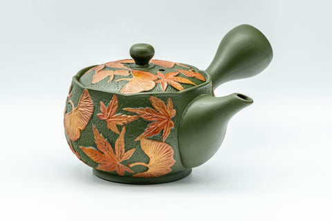 Tezumi — Japanese Kyusu - Ginko Maple Leaf Tokoname-yaki Teapot  - 260ml — side view with the lid and side handle