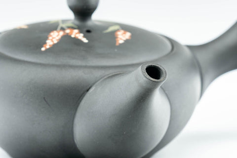 Tezumi — Japanese Kyusu - 昭萌 Shohou Koie Floral Kurodei Tokoname-yaki Obi-ami Teapot - 250ml — closeup of the decoration