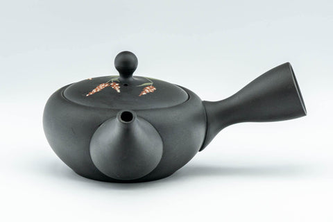 Tezumi — Japanese Kyusu - 昭萌 Shohou Koie Floral Kurodei Tokoname-yaki Obi-ami Teapot - 250ml — three-quarter view from the opposite side