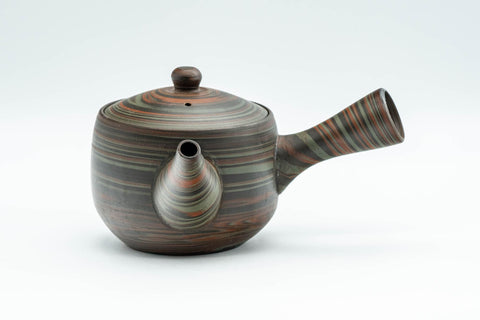 Tezumi — Japanese Kyusu - 山善 Yamazen Green Nerikomi Teapot - 250ml — side view with the lid and side handle