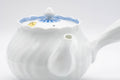 Japanese Kyusu - White Porcelain Arita-yaki Debeso Teapot - 300ml - closeup of the ribbed white porcelain body and spout with blue trim