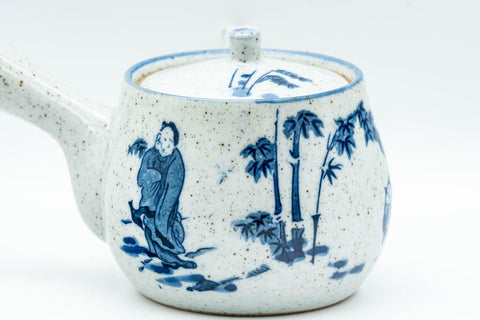 Tezumi — Japanese Kyusu - Blue and Grey Bamboo Villagers Debeso Teapot - 220ml — closeup of the decoration