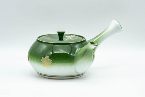 Tezumi — Japanese Kyusu - Green Momiji Porcelain Debeso Teapot - 300ml — side view with the lid and side handle