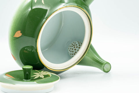 Tezumi — Japanese Kyusu - Green Momiji Porcelain Debeso Teapot - 300ml — side profile showing the spout and handle