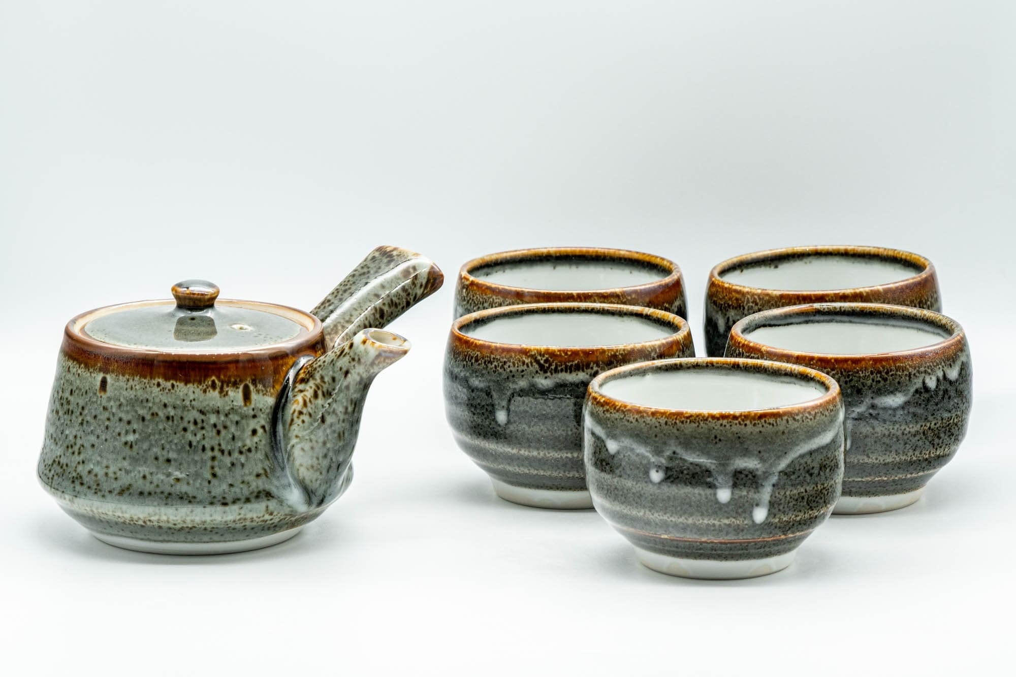 Japanese Tea Set - Drip-Glazed Debeso Kyusu Teapot with 5 Yunomi Teacups
