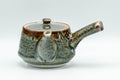 Japanese Tea Set - Drip-Glazed Debeso Kyusu Teapot with 5 Yunomi Teacups - side view of the teapot showing the spout and side-handle