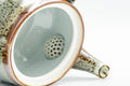 Japanese Tea Set - Drip-Glazed Debeso Kyusu Teapot with 5 Yunomi Teacups - looking into the teapot showing the ceramic debeso filter