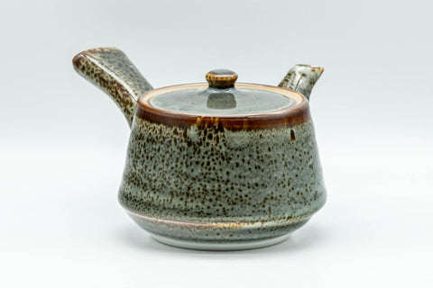 Japanese Tea Set - Drip-Glazed Debeso Kyusu Teapot with 5 Yunomi Teacups - angled view of the teapot