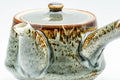 Japanese Tea Set - Drip-Glazed Debeso Kyusu Teapot with 5 Yunomi Teacups - closeup of the drip-glaze pattern on the teapot body