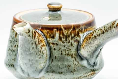 Japanese Tea Set - Drip-Glazed Debeso Kyusu Teapot with 5 Yunomi Teacups - closeup of the drip-glaze pattern on the teapot body
