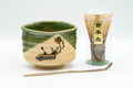 Japanese Matcha Set - Oribe-yaki Chawan with Bamboo Chasen Whisk and Chashaku Scoop - 450ml - the full matcha set with the chawan bowl, bamboo chasen whisk and chashaku scoop