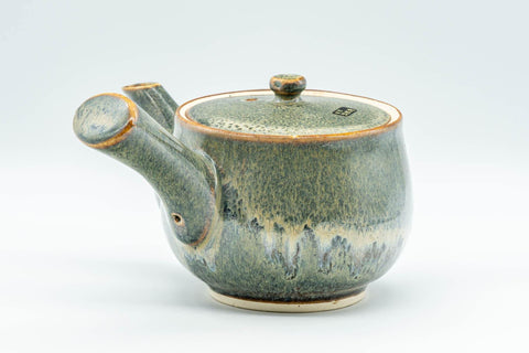 Tezumi — Japanese Tea Set - Green Drip-Glazed Debeso Kyusu Teapot with 5 Yunomi Teacups — the teapot side view with the handle