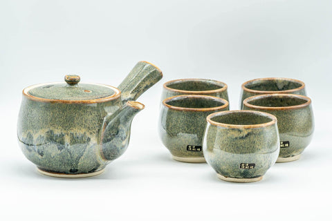 Tezumi — Japanese Tea Set - Green Drip-Glazed Debeso Kyusu Teapot with 5 Yunomi Teacups — the full set arranged together