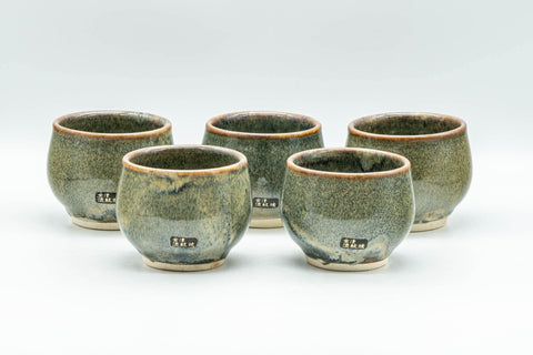 Tezumi — Japanese Tea Set - Green Drip-Glazed Debeso Kyusu Teapot with 5 Yunomi Teacups — closeup of a single piece