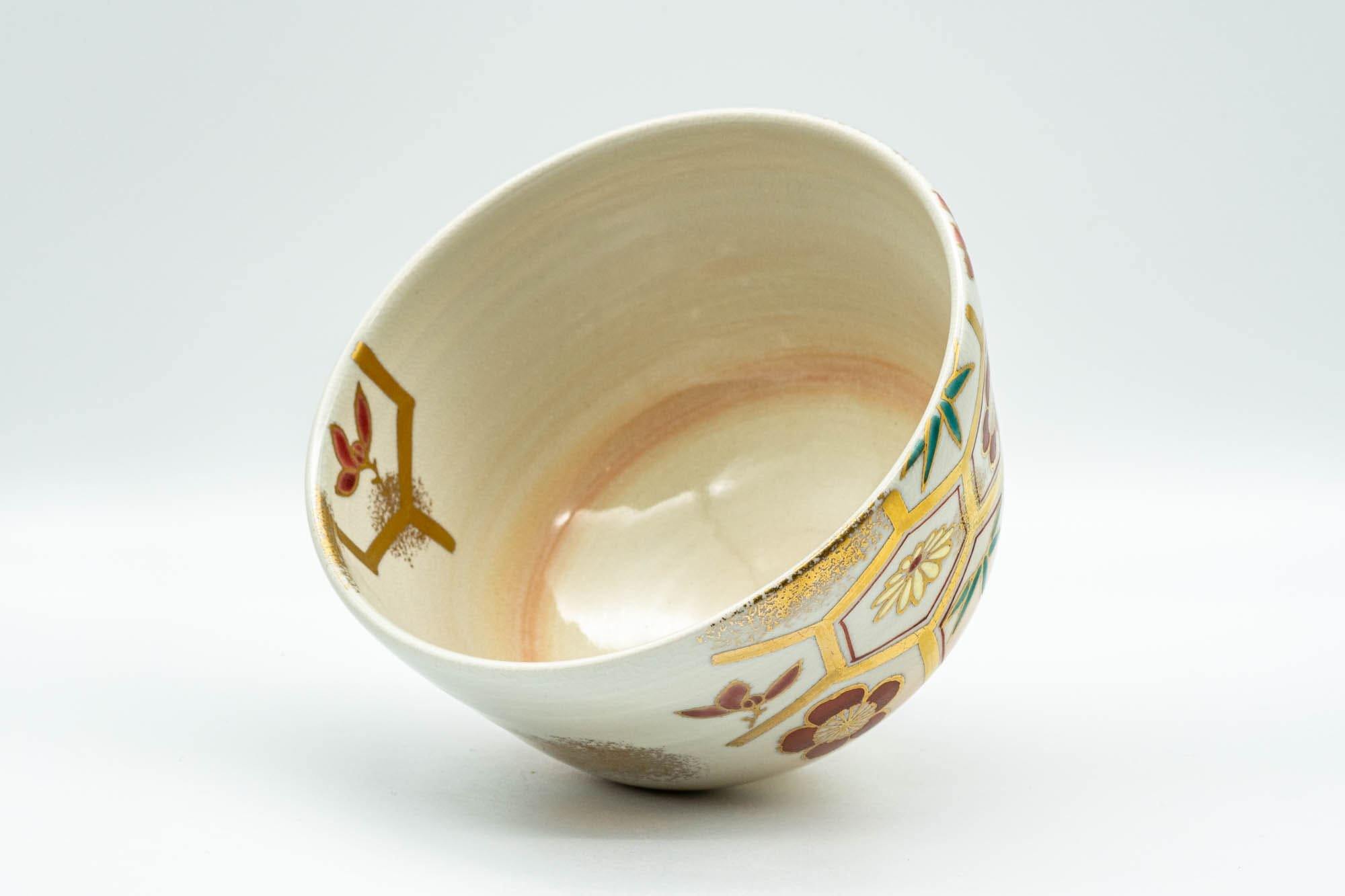 Japanese Matcha Bowl - Floral Gold Painted Kyo-yaki Chawan - 350ml - Tezumi