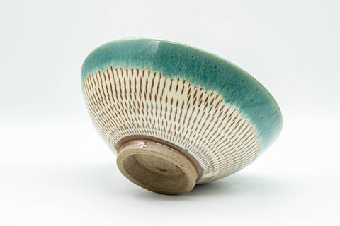 Japanese Matcha Bowl - Teal Drip-Glazed Agano-yaki Chawan - 250ml - angled side view showing the foot and needle-chattered pattern
