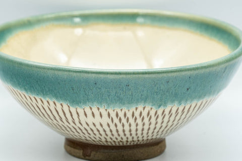 Japanese Matcha Bowl - Teal Drip-Glazed Agano-yaki Chawan - 250ml - overhead detail of the white-glazed interior