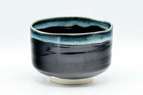Tezumi — Japanese Matcha Bowl - Jet Black and Blue Drip-Glazed Chawan - 500ml — front view from another angle