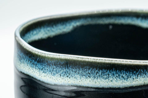 Tezumi — Japanese Matcha Bowl - Jet Black and Blue Drip-Glazed Chawan - 500ml — inverted showing the foot ring