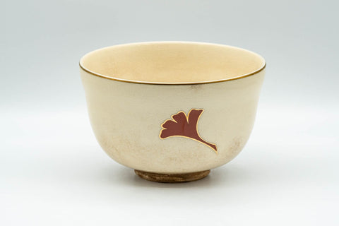 Japanese Matcha Bowl - Ginkgo Leaf Kyo-yaki Chawan 宮地英香 - 400ml - front view showing the gilded lip