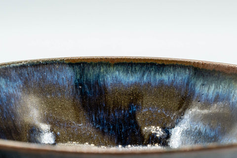 Japanese Matcha Bowl - Blue Drip-Glazed Summer Chawan - 150ml - side profile of the shallow bowl