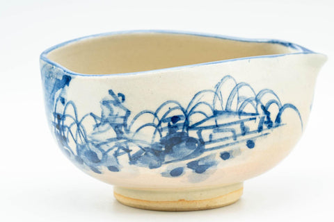 Japanese Katakuchi - Beige and Blue Illustrated Hagi-yaki Water Cooler - 125ml - Tezumi