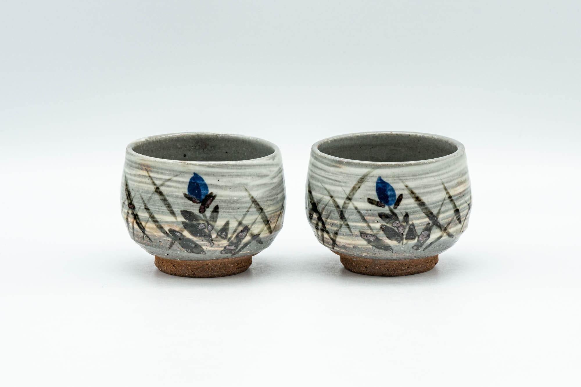 Japanese Teacups - Pair of Floral Brush Glazed Guinomi - 50ml - Tezumi