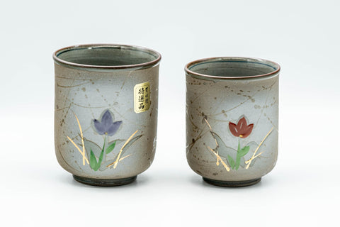 Japanese Teacups - Pair of Floral Green Meoto Yunomi - Arita-yaki - the meoto pair of floral teacups shown side by side