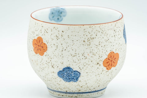 Japanese Teacup - Floral Arita-yaki Porcelain Yunomi - 150ml - closeup of the hand-painted blue and orange flowers