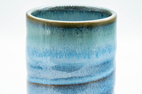 Japanese Teacup - Sky Blue Glazed Tsutsu-gata Yunomi - 170ml - side view showing the sky-blue glaze with a green-glazed lip