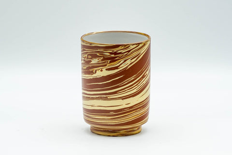 Japanese Teacup - Gyokusen Red and White Nerikomi Yunomi - 140ml - front view of the swirled clay teacup