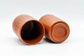 Japanese Teacups - Pair of Kanji Tokoname-yaki Meoto Yunomi - the cups tilted to show the unglazed feet
