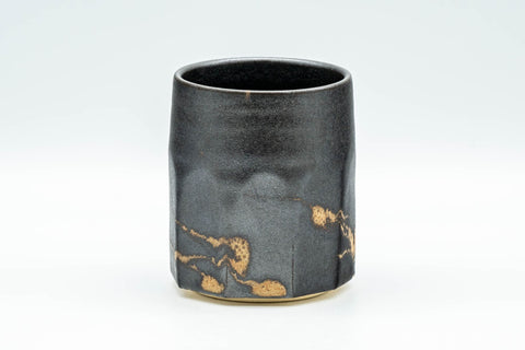 Japanese Teacup - Matte Black Nonagonal Yunomi - 160ml - front view of the faceted nonagonal matte black teacup