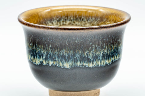 Japanese Teacups - Set of 5 Drip-Glazed Yunomi - 80ml - closeup of a single teacup showing the beige interior and orange lip