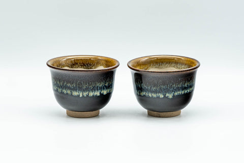 Japanese Teacups - Set of 5 Drip-Glazed Yunomi - 80ml - two of the teacups shown front-on with the blue-green drip glaze
