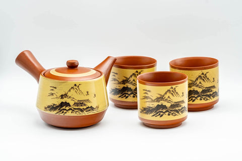Tezumi — Japanese Tea Set - Mountainous Tokoname-yaki Debeso Kyusu with 3 Yunomi Teacups — the full set arranged together