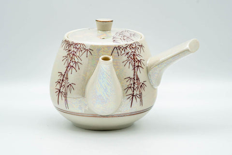 Japanese Tea Set - Red Bamboo White Holographic Glossy Glazed Debeso Kyusu Teapot with 2 Yunomi Teacups- 600ml - Tezumi