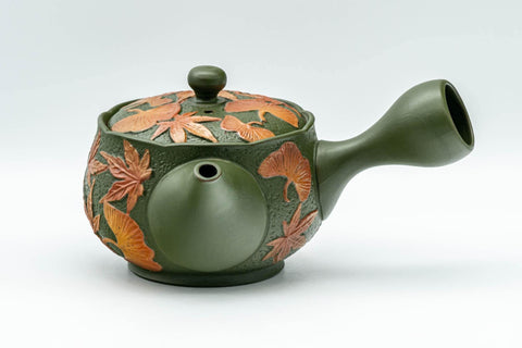 Tezumi — Japanese Kyusu - Ginko Maple Leaf Tokoname-yaki Teapot  - 260ml — three-quarter view from the opposite side