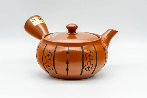 Tezumi — Japanese Kyusu - Floral Striped Tokoname-yaki Obi-ami Teapot - 320ml — side view with the lid and side handle