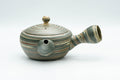 Tezumi — Japanese Kyusu - Green Nerikomi Tokoname-yaki Teapot - 250ml — side view with the lid and side handle