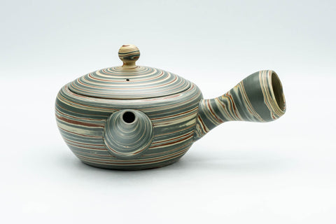 Tezumi — Japanese Kyusu - Green Nerikomi Tokoname-yaki Teapot - 250ml — side view with the lid and side handle