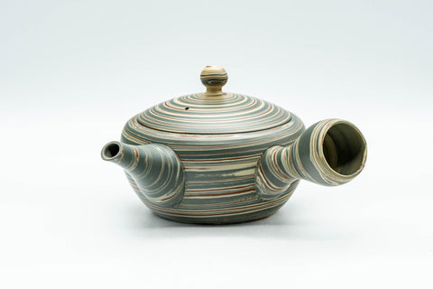 Tezumi — Japanese Kyusu - Green Nerikomi Tokoname-yaki Teapot - 250ml — three-quarter view from the opposite side