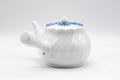 Japanese Kyusu - White Porcelain Arita-yaki Debeso Teapot - 300ml - front view with the blue-trimmed lid in place